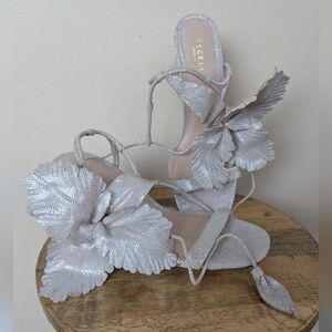 Cecelia New York Hibiscus Heels (Anthropologie), Neutral/Silver Sparkly (SIZE 9)